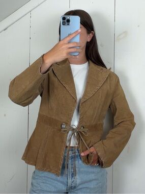 Vintage Tan Brown Suede Leather Blazer Jacket Women’s L Fringe Grommet Closure